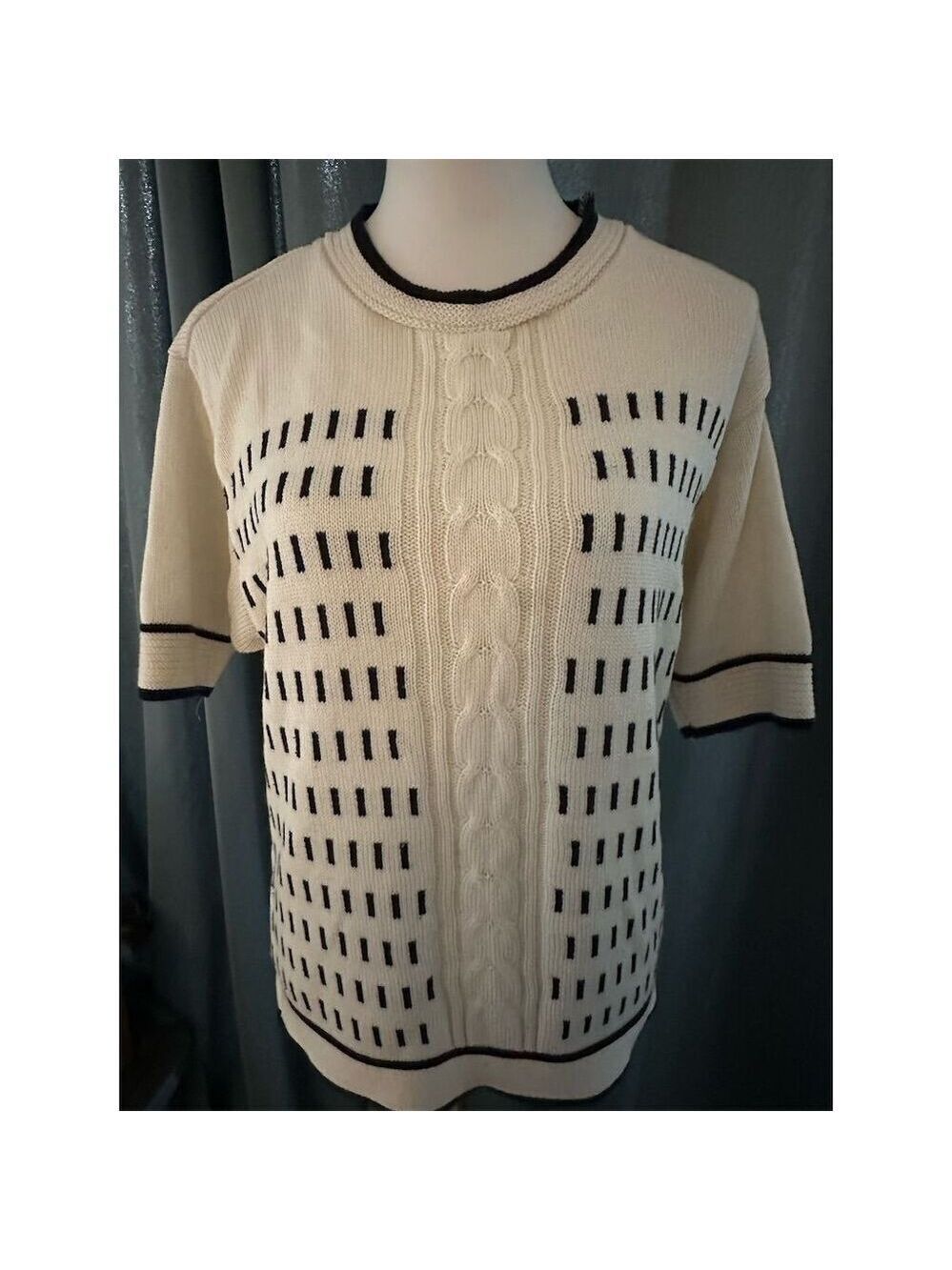 Aileen Women's M Vintage Geometric Knit Pullover Sweater Short Sleeve